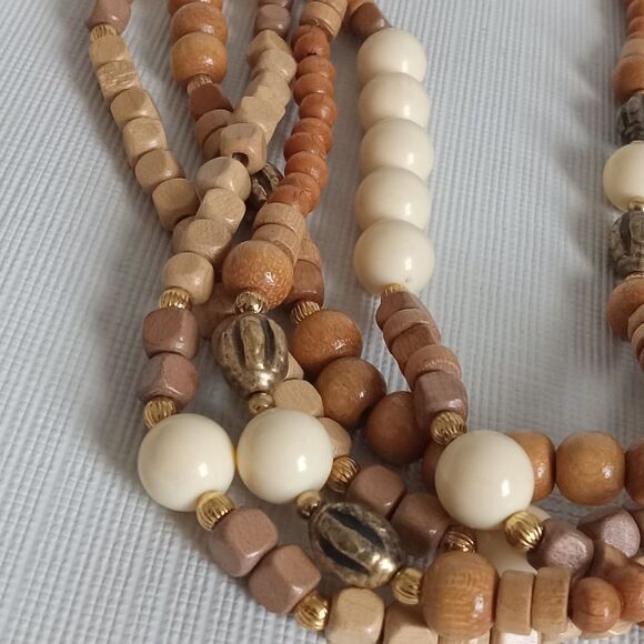 Vintage Tan & Beige Wooden & Metal Beads Multi Strand Layered Statement Necklace - Picture 3 of 9